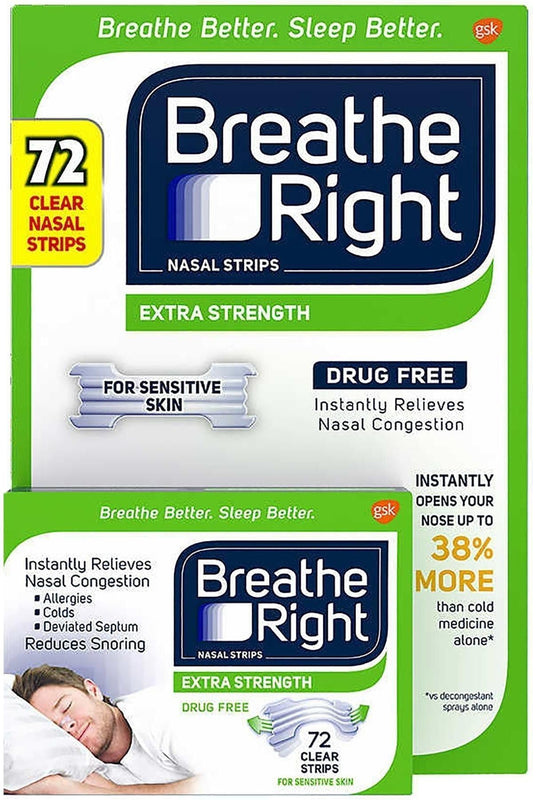 Breathe Right Nasal Strips, Extra Clear for Sensitive Skin, 72 Clear Strips