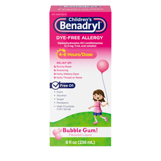 Benadryl Children's Dye-Free Allergy Relief Liquid + 12.5 mg Diphenhydramine HCl, Antihistamine Allergy Medicine for Kids Helps Relieve Runny Nose & Sneezing, Bubble Gum Flavor, 8 fl. oz