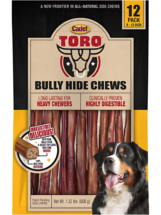 Cadet Toro Bully Hide Sticks – All-Natural Dog Chews – Premium Beef & Bully Stick Treats for Dogs – 9" to 12" – 12 Pack – Long-Lasting Snack for Heavy Chewers – Perfect for Dogs