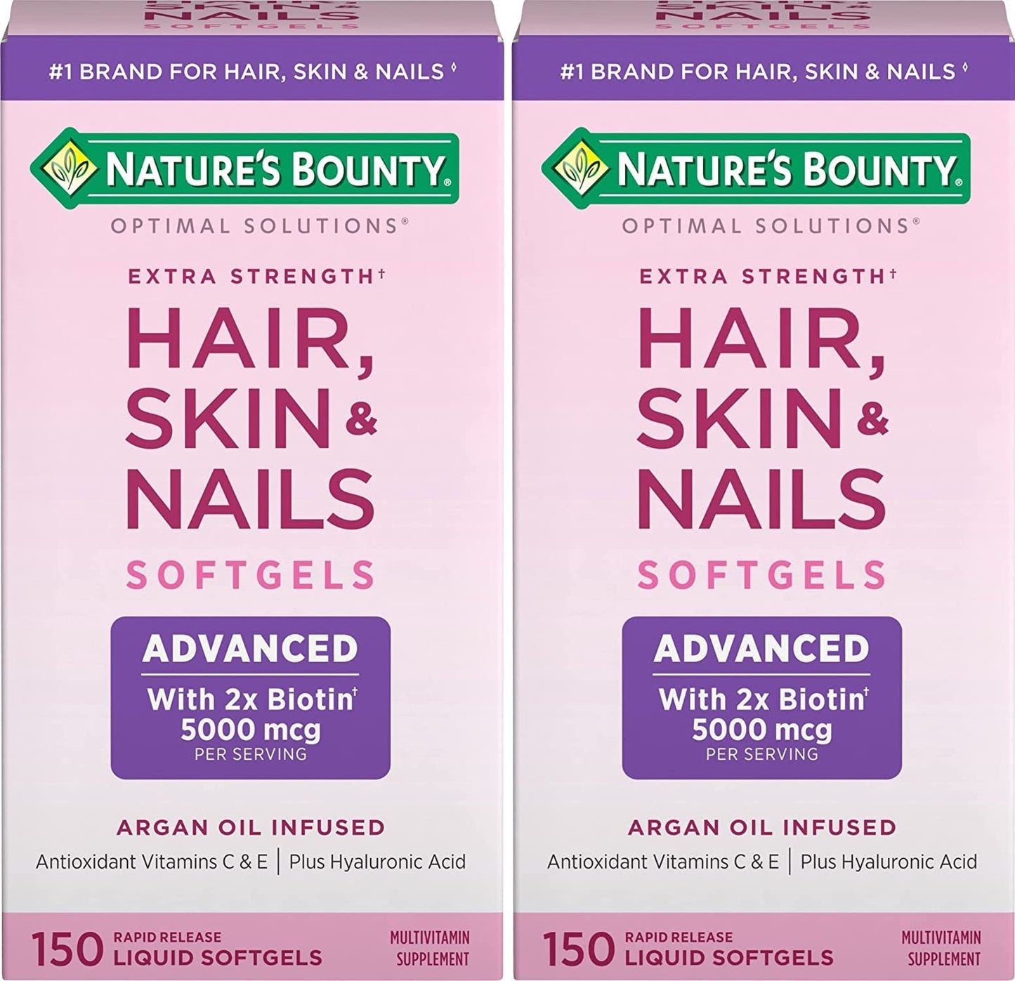Nature's Bounty Hair, Skin & Nails Rapid Release Softgels, Argan-Infused Vitamin Supplement with Biotin and Hyaluronic Acid, Supports Hair, Skin, and Nail Health for Women, 150 Count (Pack of 2)