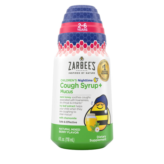 Zarbee's Children's Nighttime Honey Cough Syrup + Mucus for Kids 2+ + Dark Honey, Ivy Leaf, & Calming Chamomile, #1 Pediatrician Recommended, Drug & Alcohol-Free, Mixed Berry, 4 fl. oz