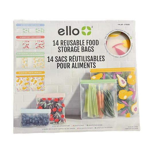 Ello 14 Reusable Produce Bags, Assorted Sizes (Snack, Sandwich, Half Gallon), Zipper Closure, PEVA Material, Multicolored, Leak Resistant, Dishwasher Safe