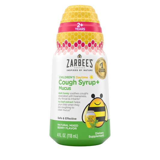 Zarbee's Children's Honey Cough Syrup + Mucus Daytime for Kids 2+ + Dark Honey, Ivy Leaf, Zinc & Elderberry, #1 Pediatrician Recommended, Drug & Alcohol-Free, Mixed Berry Flavor, 4 fl. oz
