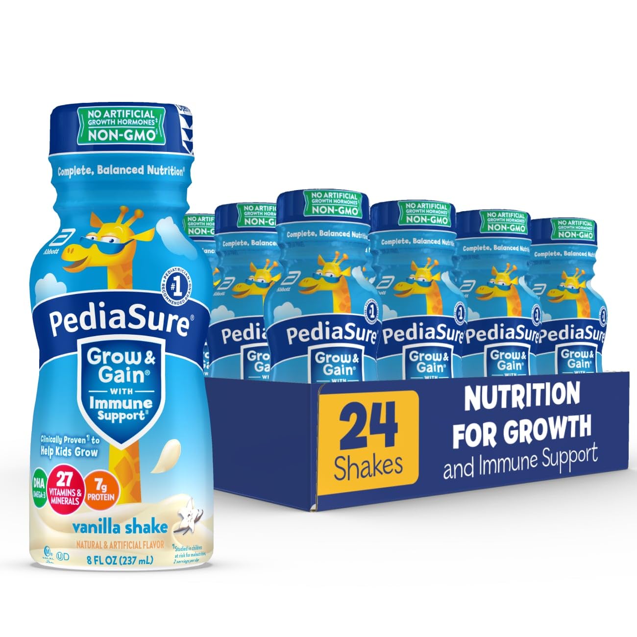 PediaSure Grow & Gain With Immune Support, Kids Protein Shake, Vanilla, 8-fl-oz Bottle, 24 Shakes