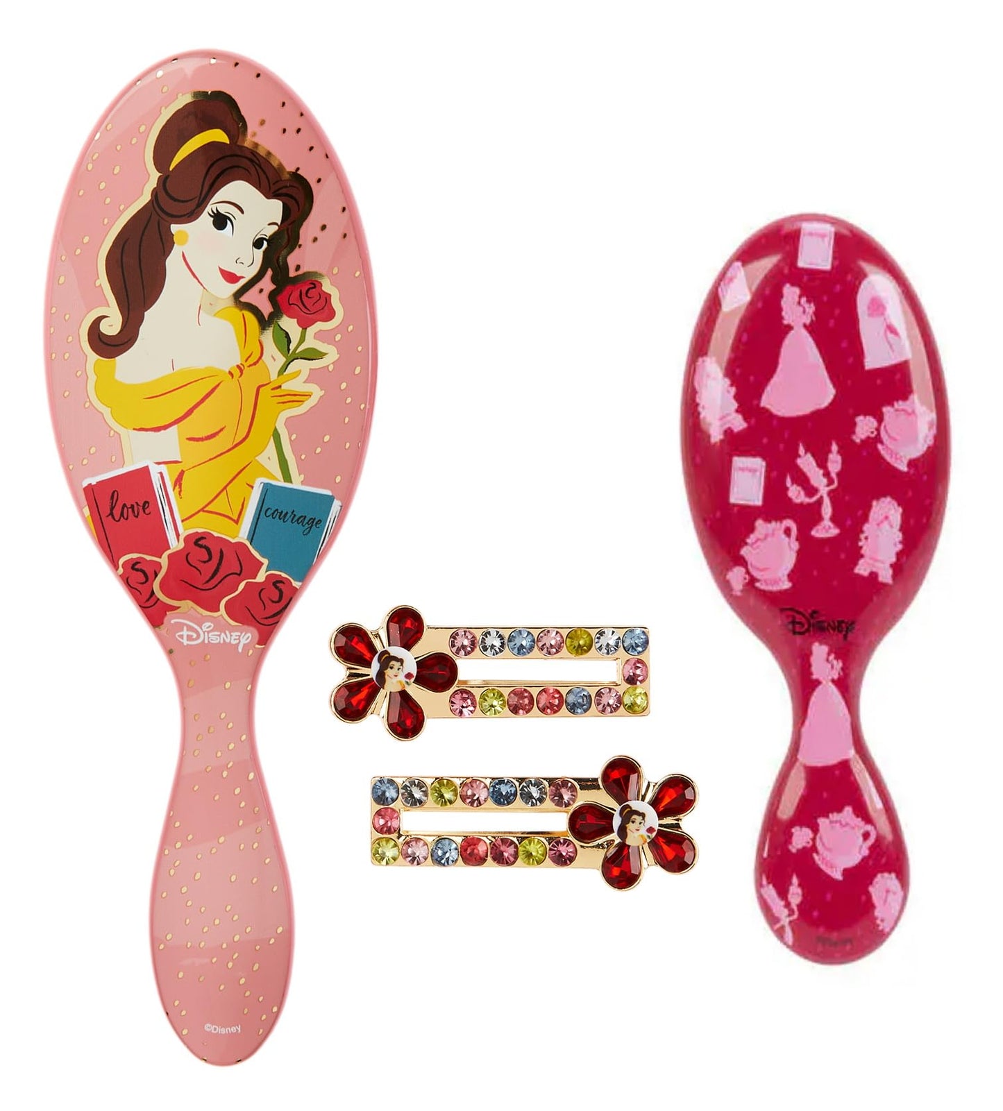 Wet Brush Original Detangler Brush Kit - Belle, Princess 4-Piece Set - All Hair Types - Ultra-Soft Bristles - for Women and Girls - 2 Brushes and 2 Clips