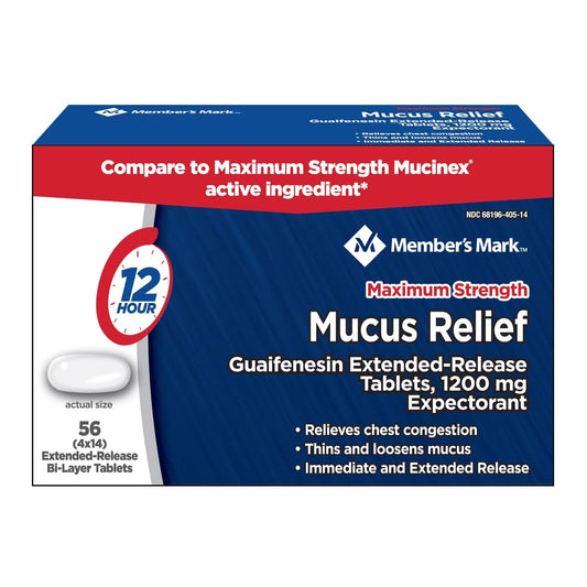 Members Mark Mucus Relief Maximum Strength Guaifenesin 1200mg, 56 Tablets