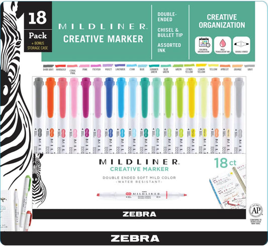 ZEBRA Mildliner Double Ended Highlighter Assorted, 18 Count
