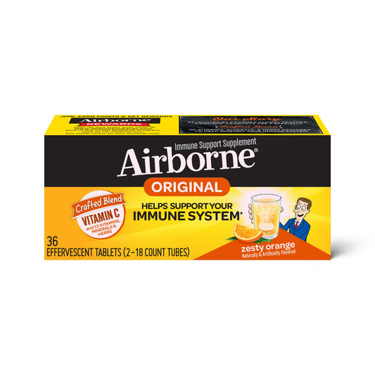Vitamin C 1000mg (per serving) - Airborne Zesty Orange Effervescent Tablets (36 count in a box), Gluten-Free Immune Support Supplement With Vitamins A C E, ZINC, Selenium, Echinacea & Ginger