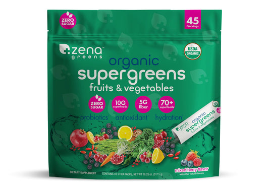 Zena Organic Super Greens Powder, 70+ Superfoods, 0 Sugar, 3G Fiber, Mixed Berry Flavor, 45 Packets