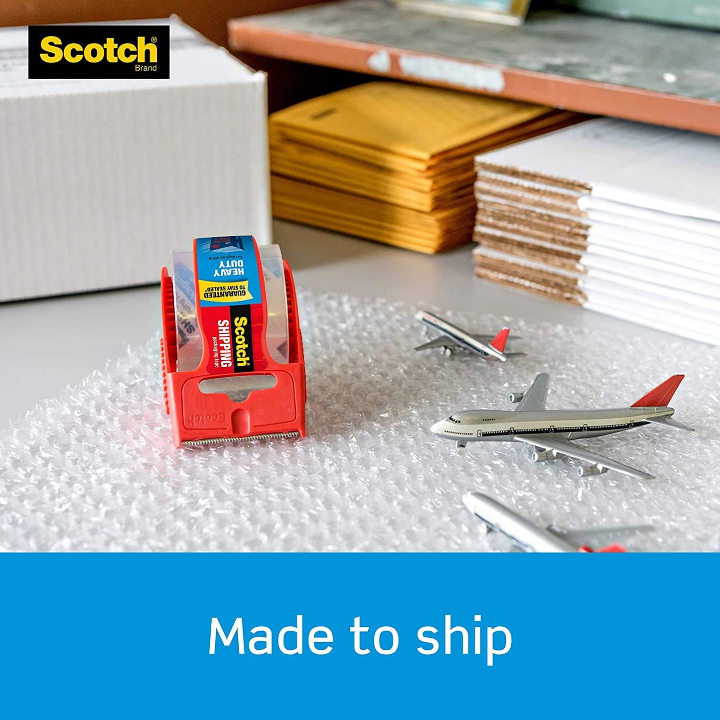 Scotch Heavy Duty Shipping Packaging Tape with Dispenser, Clear, 1.88 in x 22.2 yd (1.5 in Core), 6 Rolls – Strong Adhesive Tape for Moving, Packing & Mailing, One-Strip Seal, 3 mil Thick