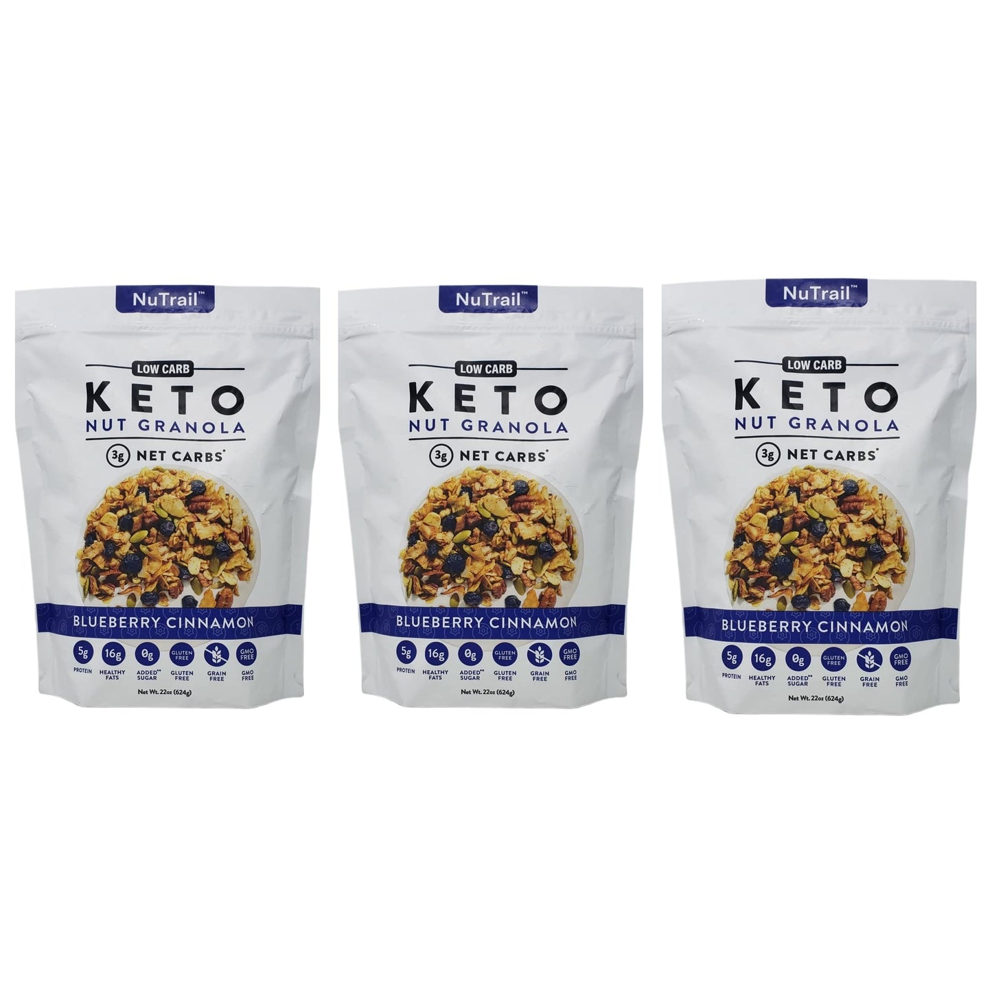 NuTrail Low Carb Keto Blueberry Cinnamon Nut Granola - Pack of 3 Bags - 22 oz Per Bag - 66 oz Total - Gluten Free, Grain Free, Non GMO, and No Added Sugar