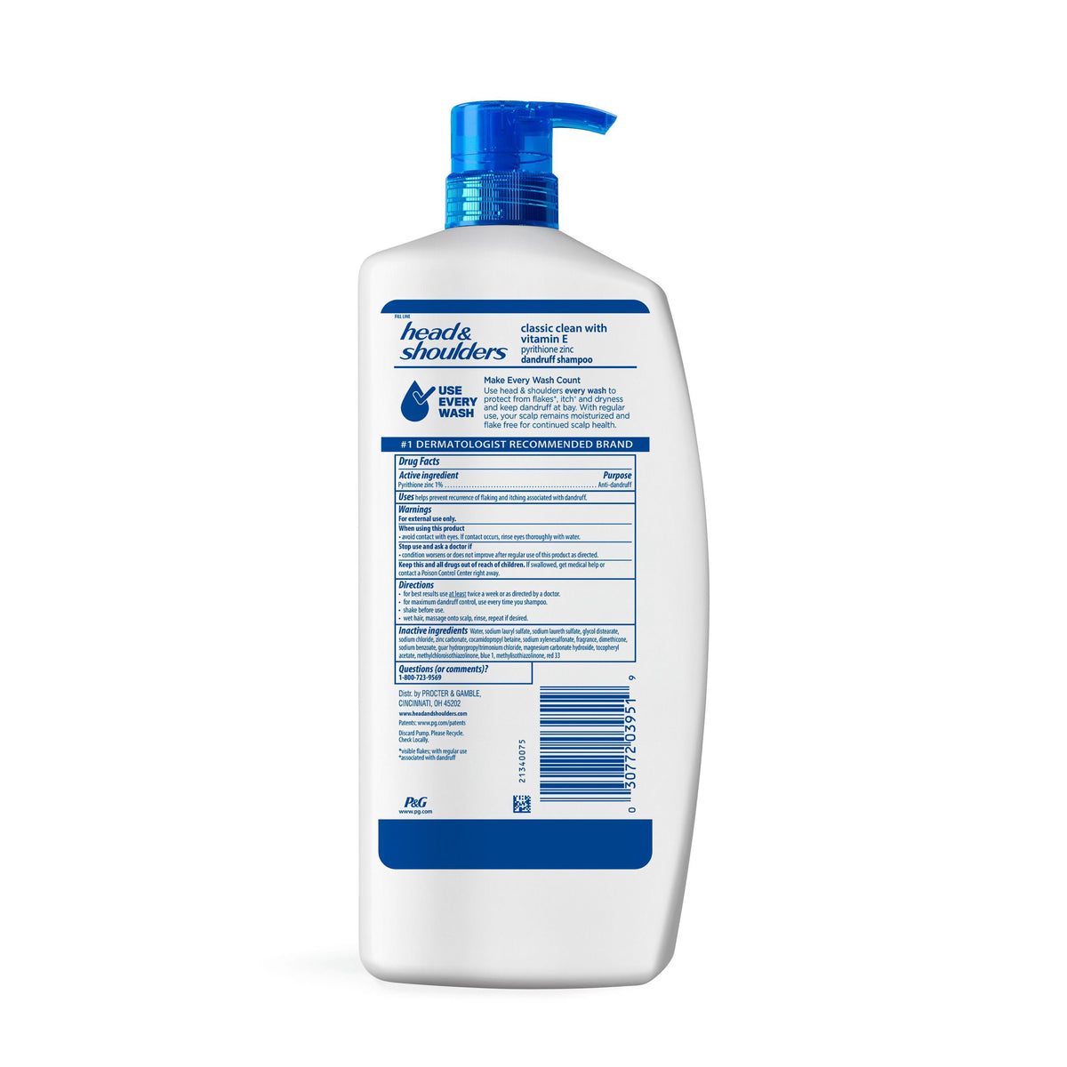 Head & Shoulders Classic Clean Anti-Dandruff Shampoo, Vitamin E, Flake Protection & Itch Relief, 38.8 fl. oz.