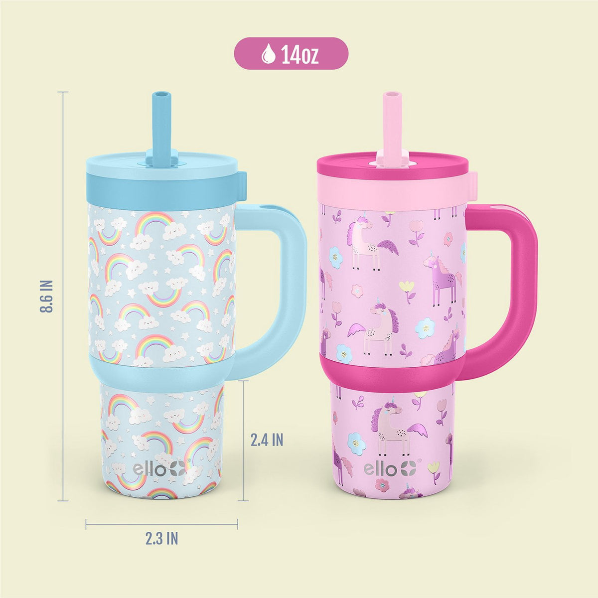 Ello Oasis 14oz Stainless Steel Kids Tumbler with Handle, 100% Leakproof, 2-Pack