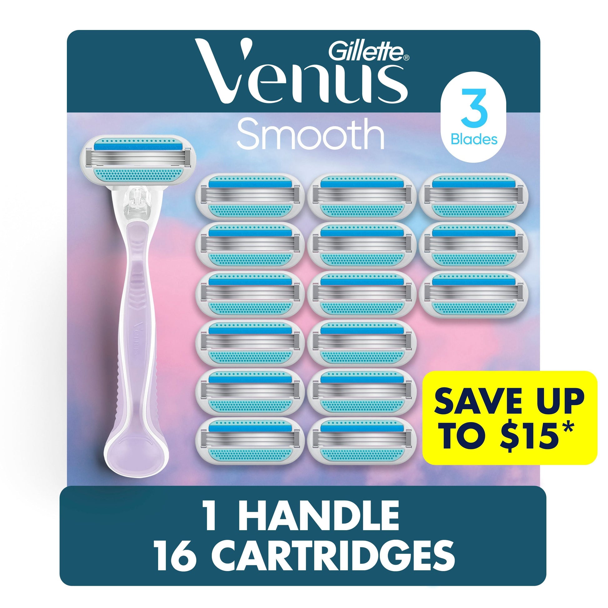 Venus Original Smooth Women's Razor, 3 Blade, Handle + 16 Cartridges