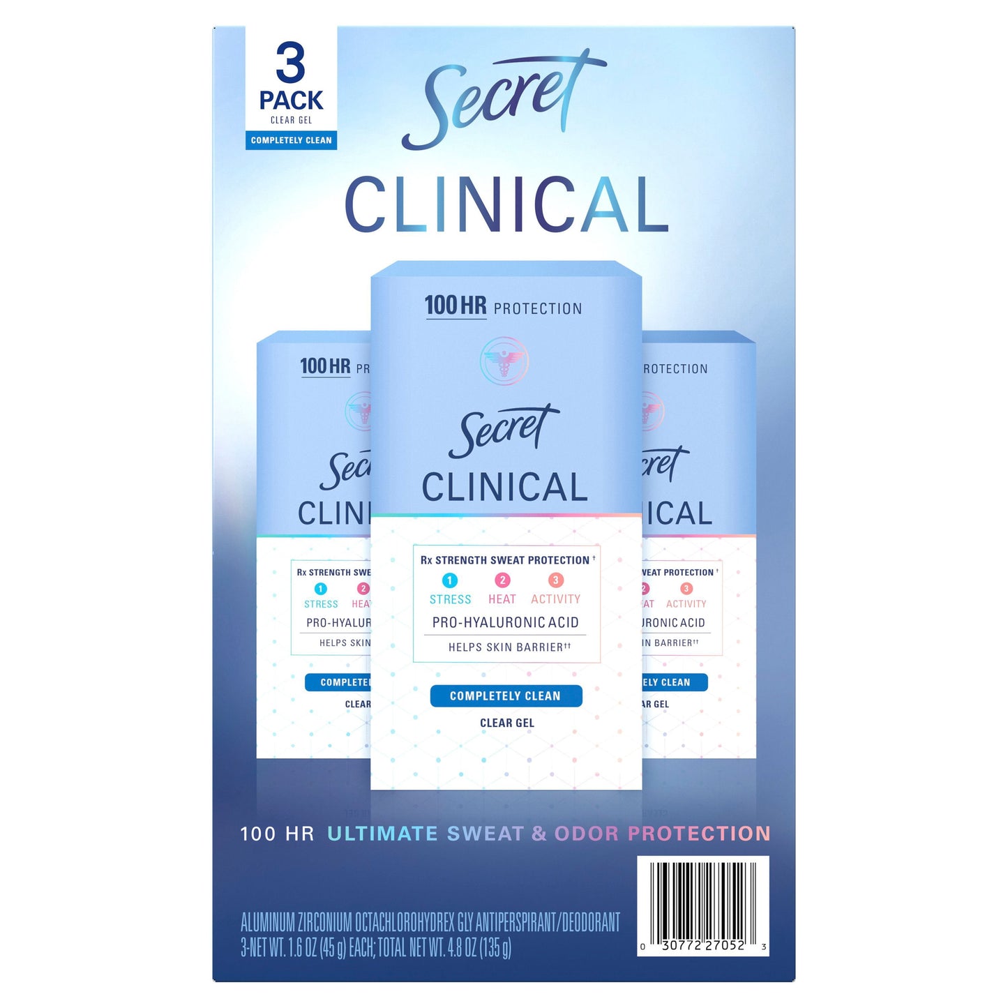 Secret Clinical Strength Clear Gel Antiperspirant and Deodorant, Completely Clean, 1.6 oz., 3 pk.