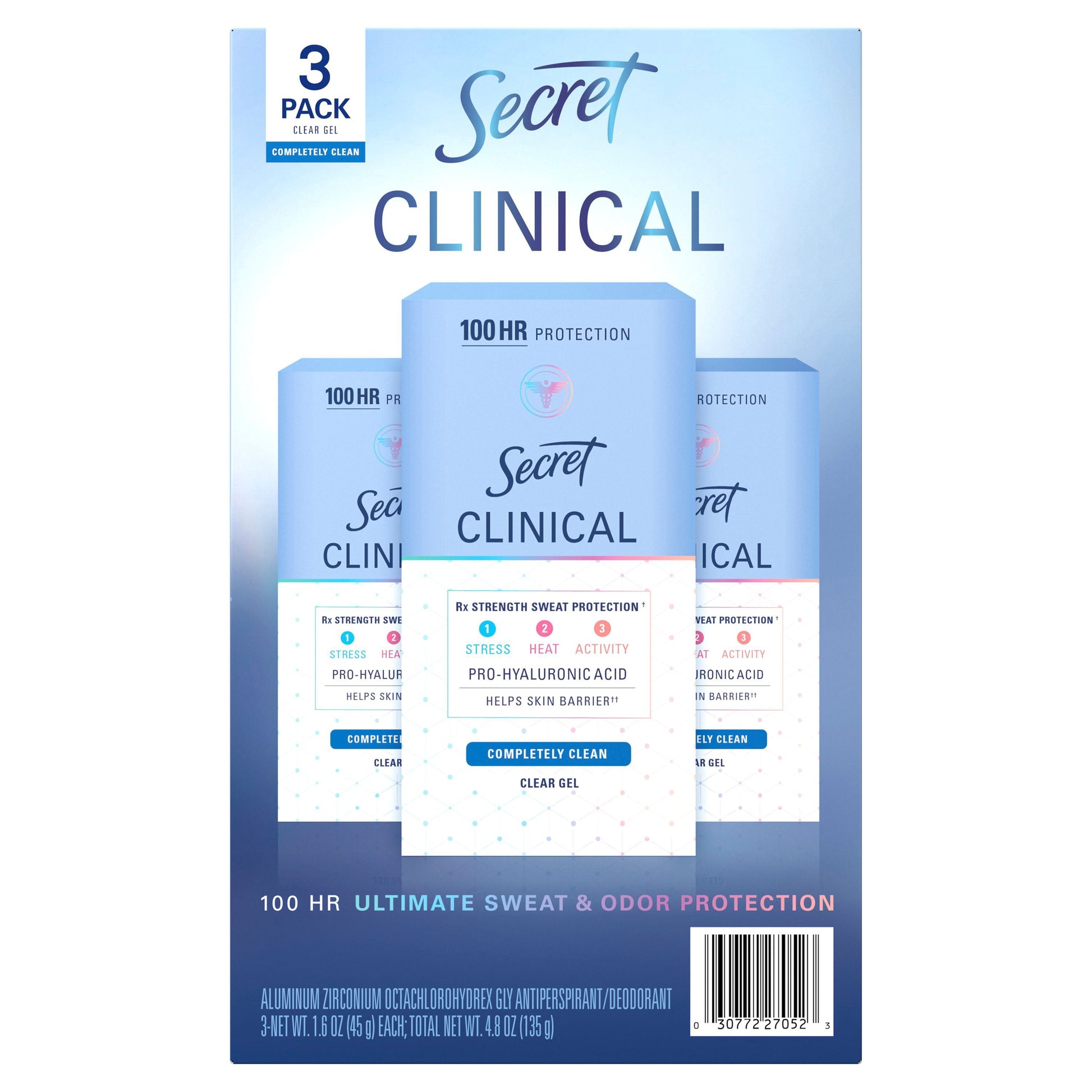 Secret Clinical Strength Clear Gel Antiperspirant and Deodorant, Completely Clean, 1.6 oz., 3 pk.