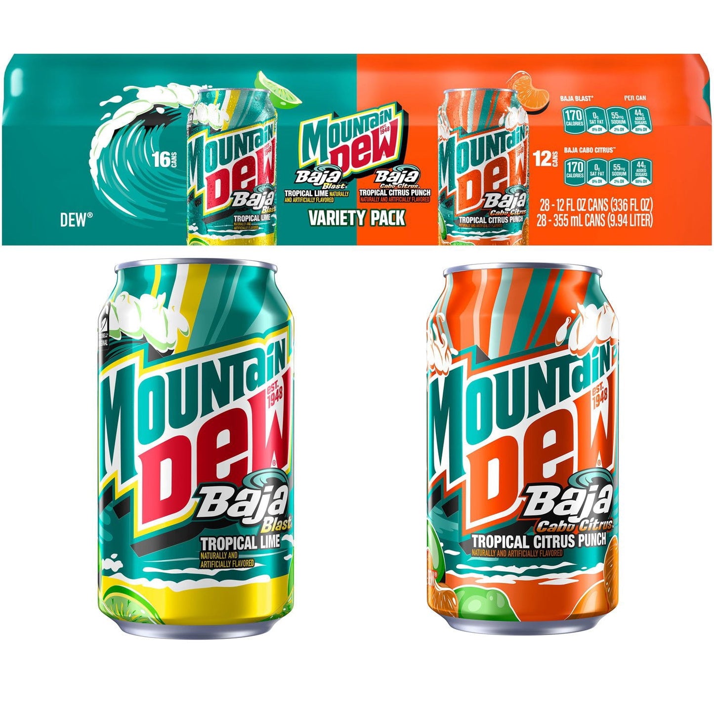 Mountain Dew Baja Blast and Cabo Citrus Variety pack, 12 fl. oz., 28 pk.