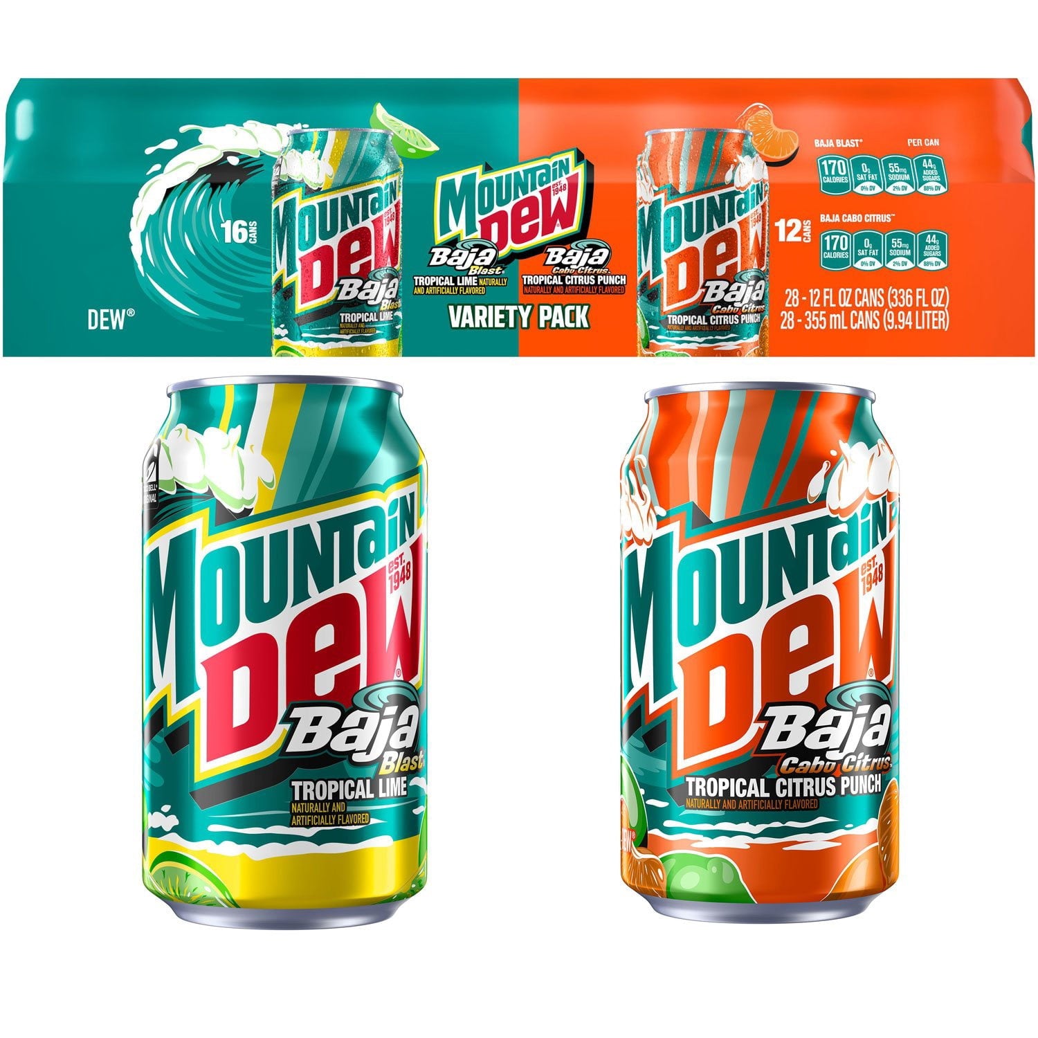 Mountain Dew Baja Blast and Cabo Citrus Variety pack, 12 fl. oz., 28 pk.