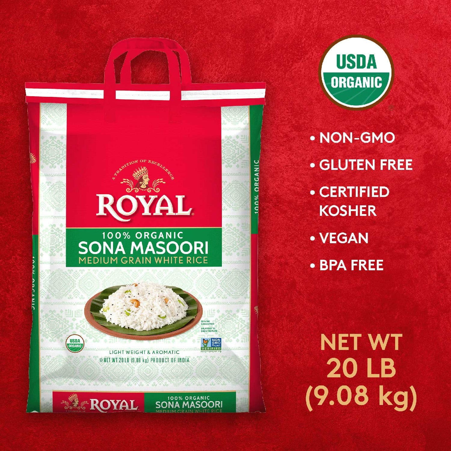 Royal Sona Masoori Organic Rice, 20 lbs.