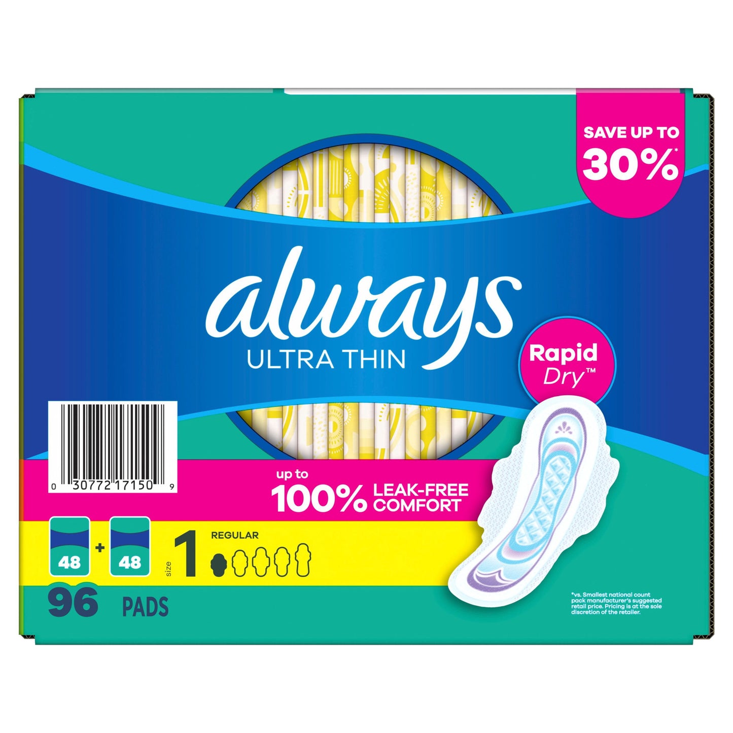 Always Ultra Thin Regular Pads with Wings, Size 1, 96 ct.