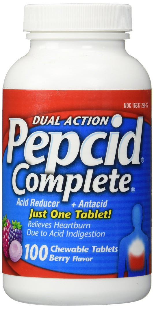 Reduce and neutralize acid in a single tablet - Pepcid Complete - 100ct berry flavor