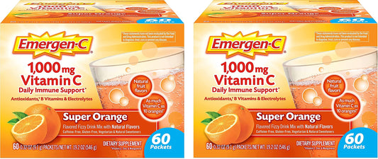 Emergen-C 1000mg Vitamin C Powder for Daily Immune Support Caffeine Free Vitamin C Supplements with Zinc and Manganese, B Vitamins and Electrolytes, Super Orange Flavor - 60 Count (Pack of 2)
