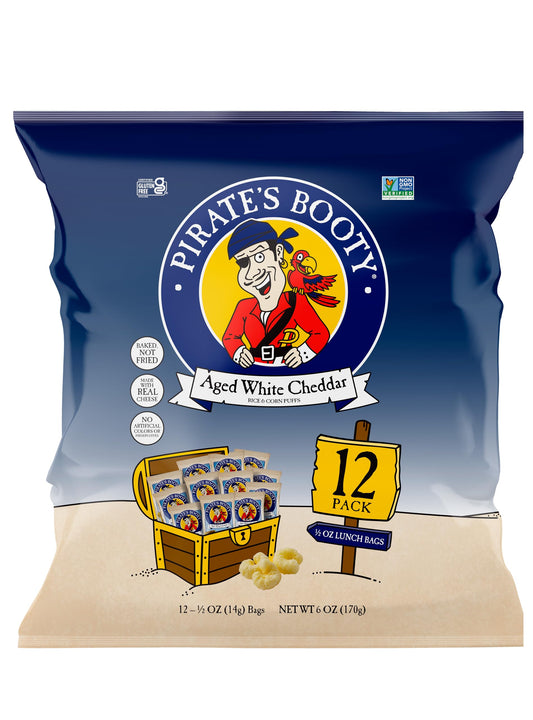 Pirate's Booty Aged White Cheddar Cheese Puffs, Gluten Free, Kids Snacks, 0.5oz Individual Size Snack Bags (12 Count)