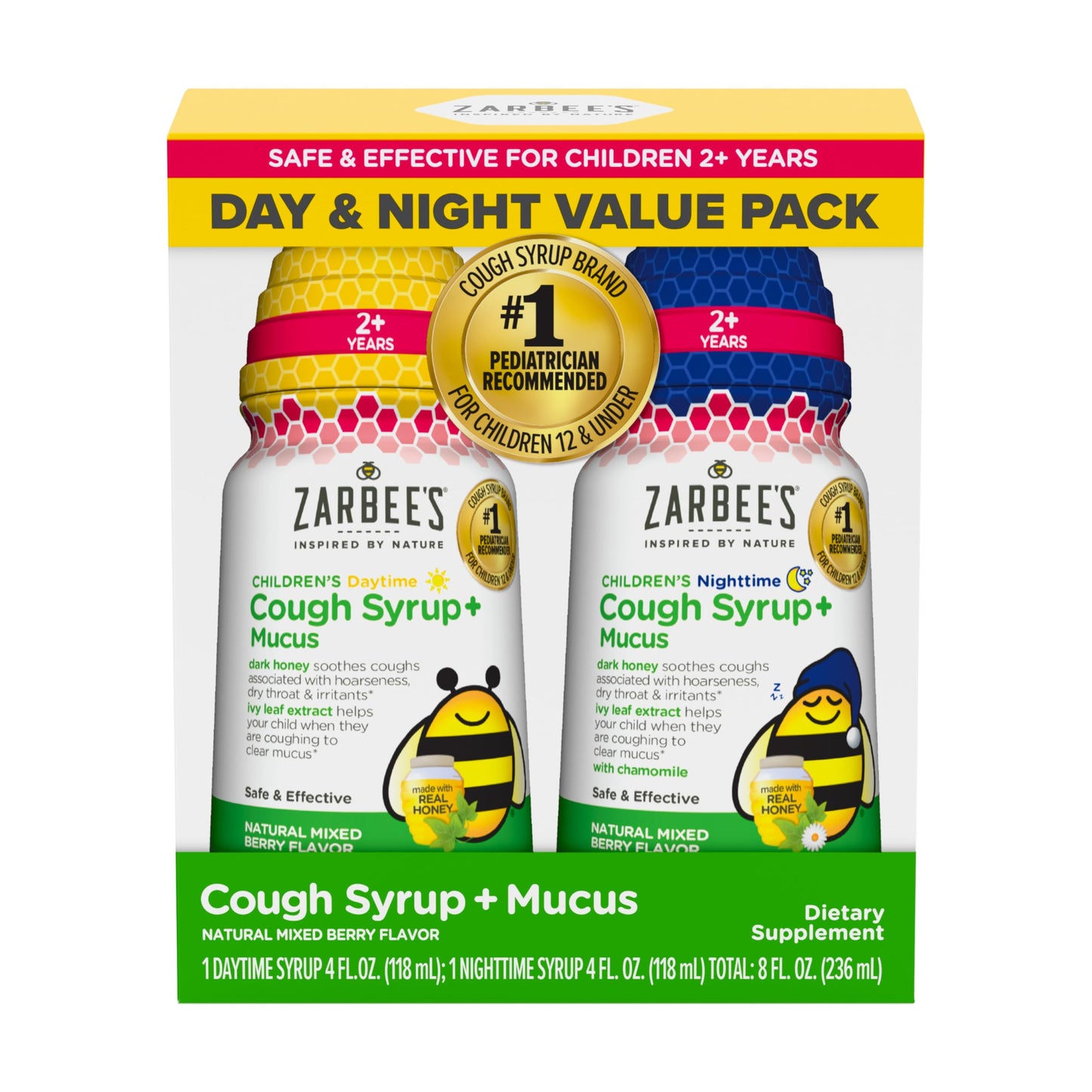 Zarbee's Children's Honey Cough Syrup + Mucus Day & Night Value Pack, Daytime & Nighttime Toddler Cough Syrup with Dark Honey & Ivy Leaf Extract, Mixed Berry Flavor, Two Pack, 2 x 4 fl. Oz