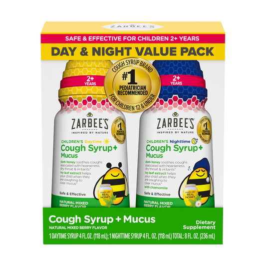 Zarbee's Children's Honey Cough Syrup + Mucus Day & Night Value Pack, Daytime & Nighttime Toddler Cough Syrup with Dark Honey & Ivy Leaf Extract, Mixed Berry Flavor, Two Pack, 2 x 4 fl. Oz