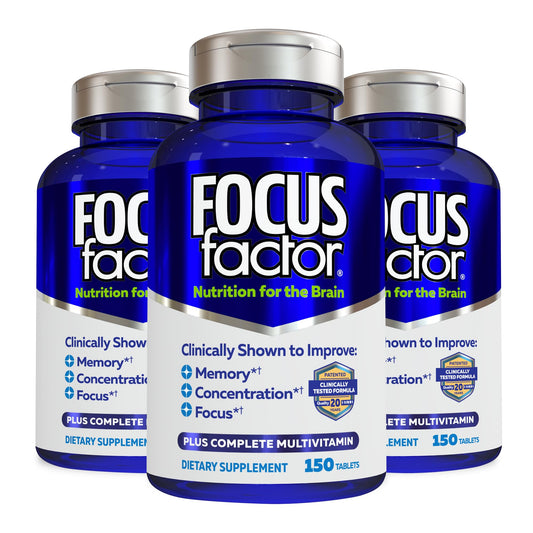 Focus Factor Nutrition for The Brain, Improved Memory & Concentration Brain Supplement, Complete Multivitamin with Vitamins B6, B12, D, Bacopa Monnieri & Tyrosine, 150 Count (Pack of 3)