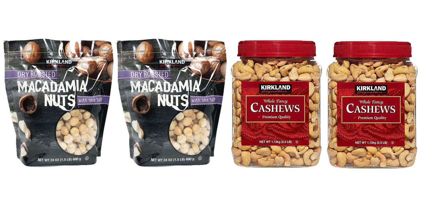 Kirkland Signature Macadamia Nut and Cashews Bundle - Includes Kirkland Signature Two Dry Roasted Macadamia Nuts with Sea Salt (1.5 LB Each) and Two Whole Fancy Cashews (2.5 LB Each)