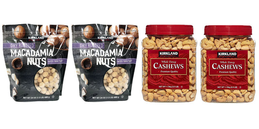 Kirkland Signature Macadamia Nut and Cashews Bundle - Includes Kirkland Signature Two Dry Roasted Macadamia Nuts with Sea Salt (1.5 LB Each) and Two Whole Fancy Cashews (2.5 LB Each)