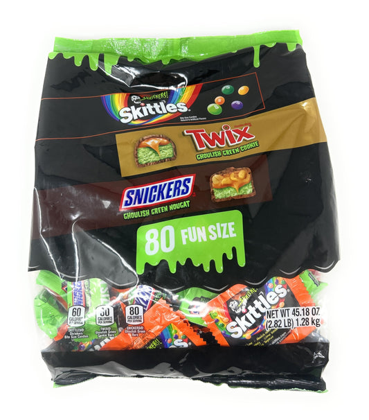 Mars Ghoulish Green Halloween Variety Pack Candy Fun Size - 80 pieces (Skittles, Twix & Snickers) - 1 bag