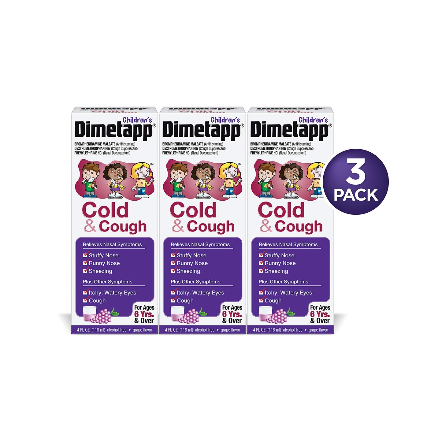 Children’s Dimetapp Cold & Cough (4 fl. oz., Pack of 3, Grape Flavor), Nasal Decongestant, Antihistamine & Cough Suppressant, Alcohol-Free, Ages 6+