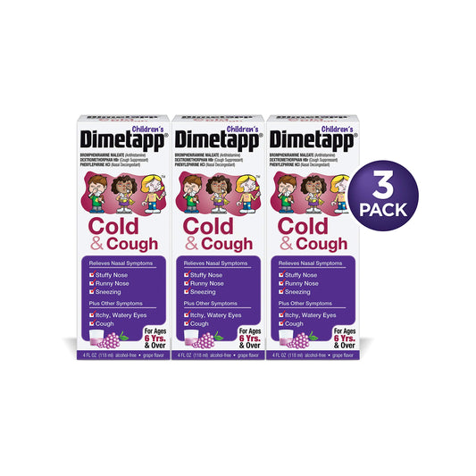 Children’s Dimetapp Cold & Cough (4 fl. oz., Pack of 3, Grape Flavor), Nasal Decongestant, Antihistamine & Cough Suppressant, Alcohol-Free, Ages 6+