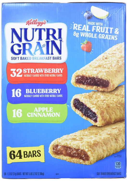 Cereal Bars Kellogg's Nutri-Grain Breakfast Bars, Variety, Strawberry,Blueberry, 1.3 Oz, 64 Count
