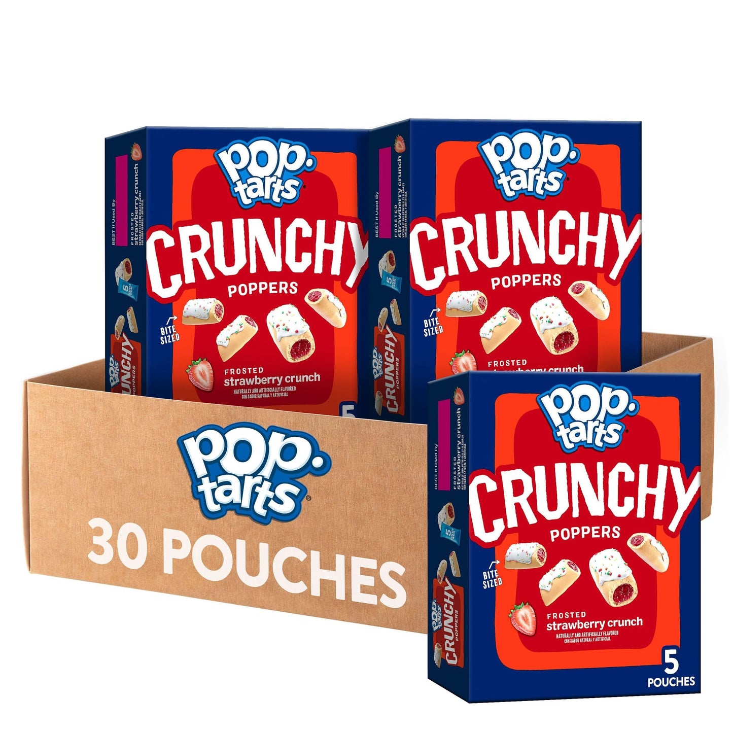 Pop-Tarts Crunchy Poppers Crunchy Filled Snack Pieces, Kids Snacks, On-the-Go Snacks, Frosted Strawberry Crunch (6 Boxes, 30 Pouches)