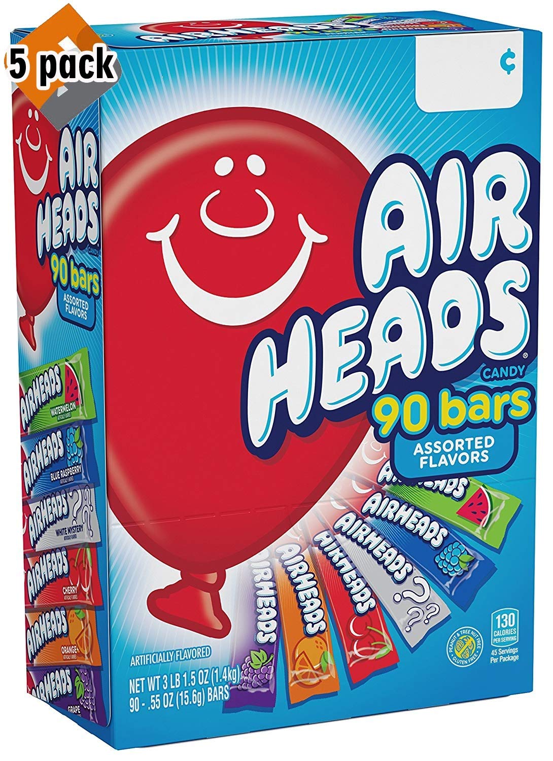 Airheads Candy Bars, Variety Halloween Bulk Box, Chewy Full Size Fruit Taffy, Back to School for Kids, Non Melting, Party 90 Count (Packaging May Vary) - Pack 5