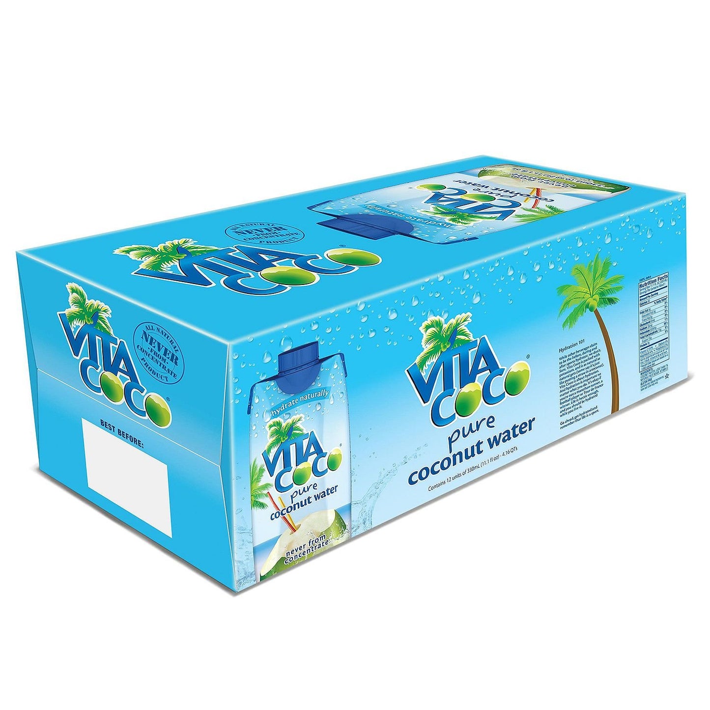 Vita Coco Coconut Water, Pure - Naturally Hydrating Electrolyte Drink - Smart Alternative to Coffee, Soda, and Sports Drinks - Gluten Free - 11.1 Ounce (Fridge Pack of 12)
