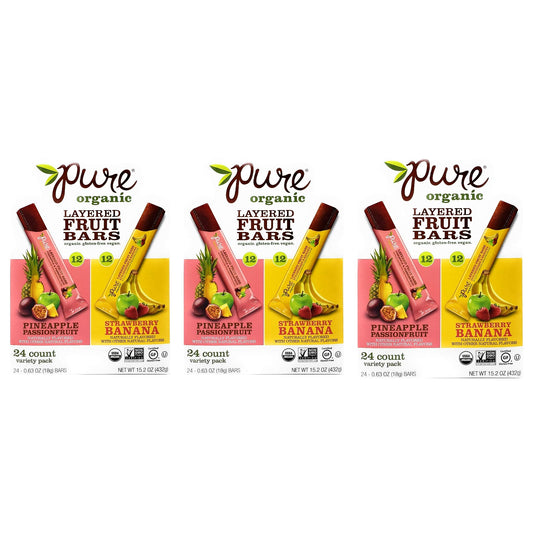 Pure Organic Layered Fruit Bars Assortment - Pineapple Passionfruit and Strawberry Banana - Pack of 3 Boxes - 24 Bars Per Box - 72 Bars Total - 36 of Each Flavor - Organic, Gluten Free, and Vegan