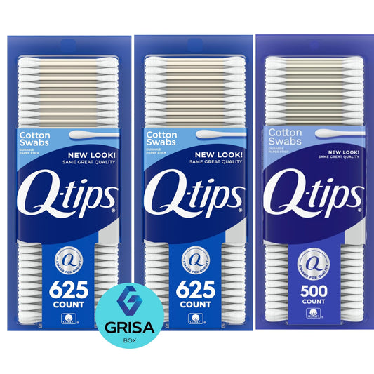 Qtips Cotton Swabs for Hygiene & Beauty Care | Soft 100% Cotton | 625 ct (2 boxes) + 500 ct (1 box) | 1,750 Total Swabs for Cleaning, Makeup, & First Aid + GrisaBox Stickers