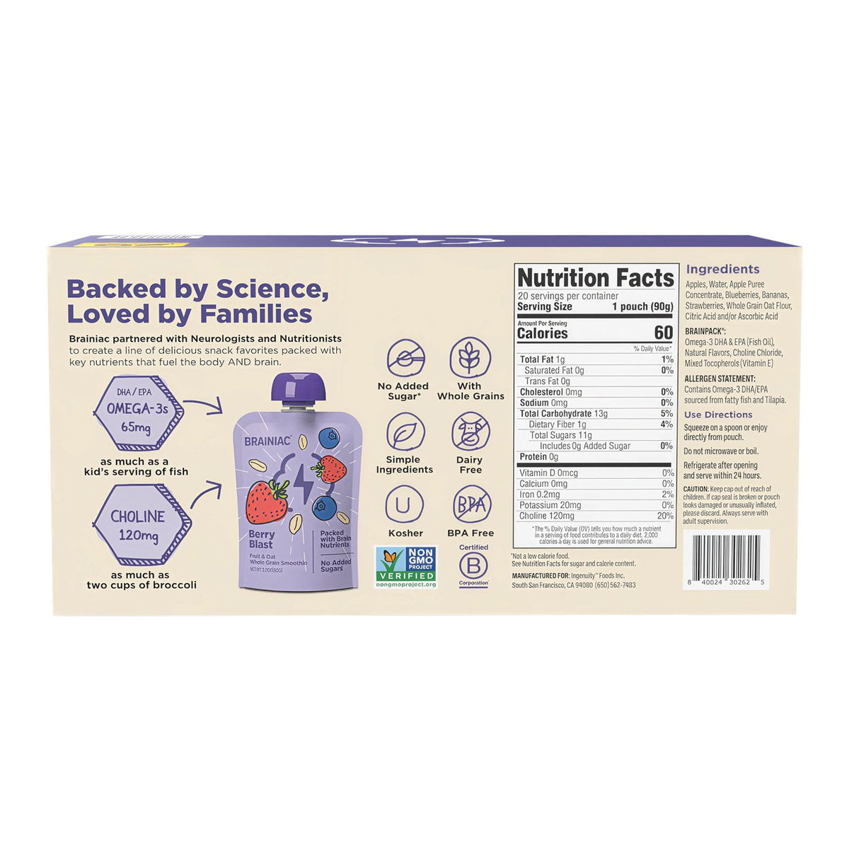 Brainiac Fruit and Oat Smoothie Pouches, 3.2 oz., 20 ct.
