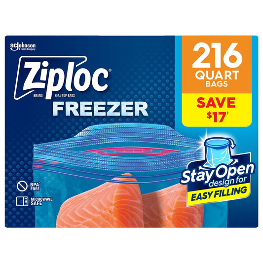 Ziploc Brand Quart Freezer Storage Bags, Stay Open Design, Easy to Fill, 216 ct.