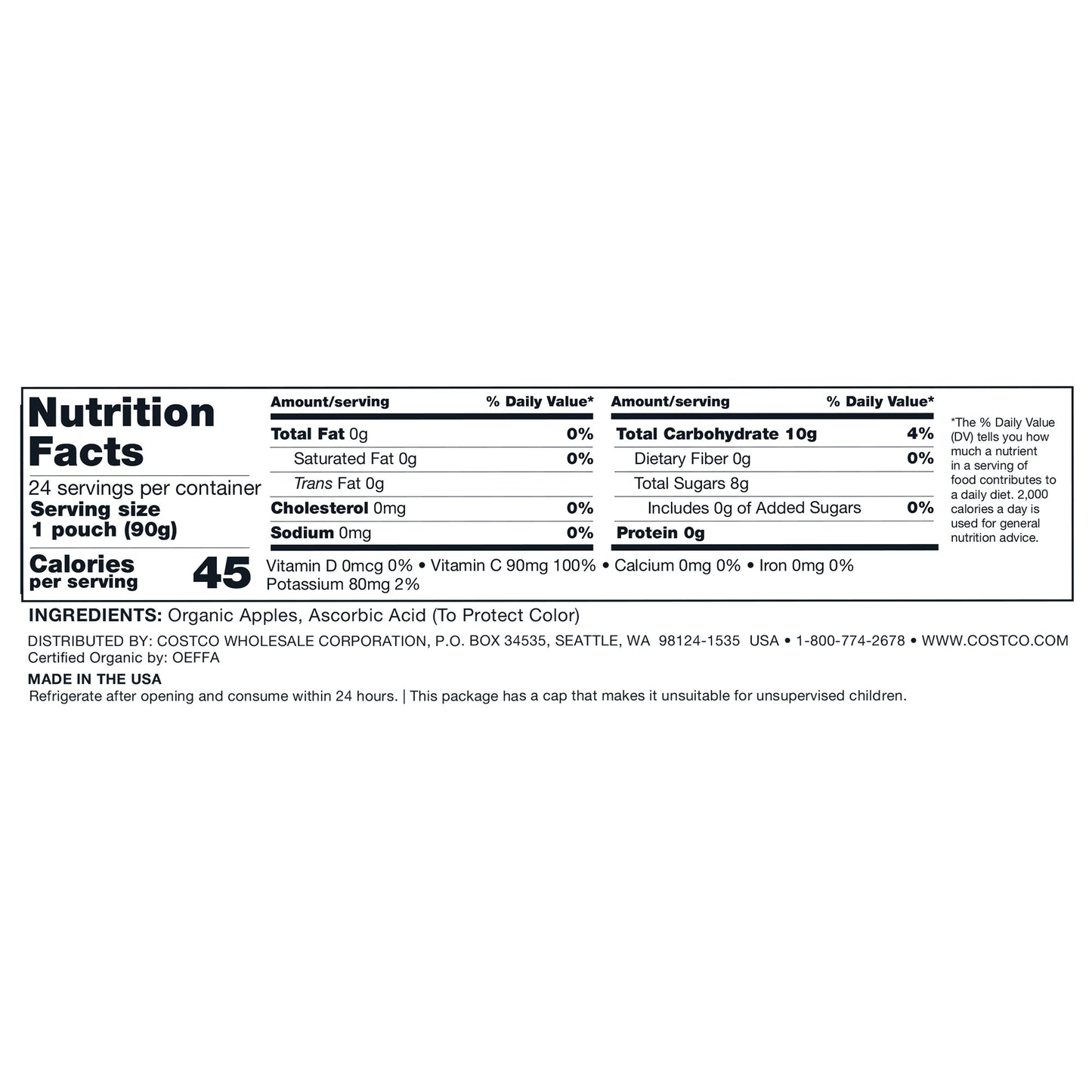 KIRKLAND SIGNATURE ORGANIC APPLESAUCE POUCHES 24/3.17 OZ