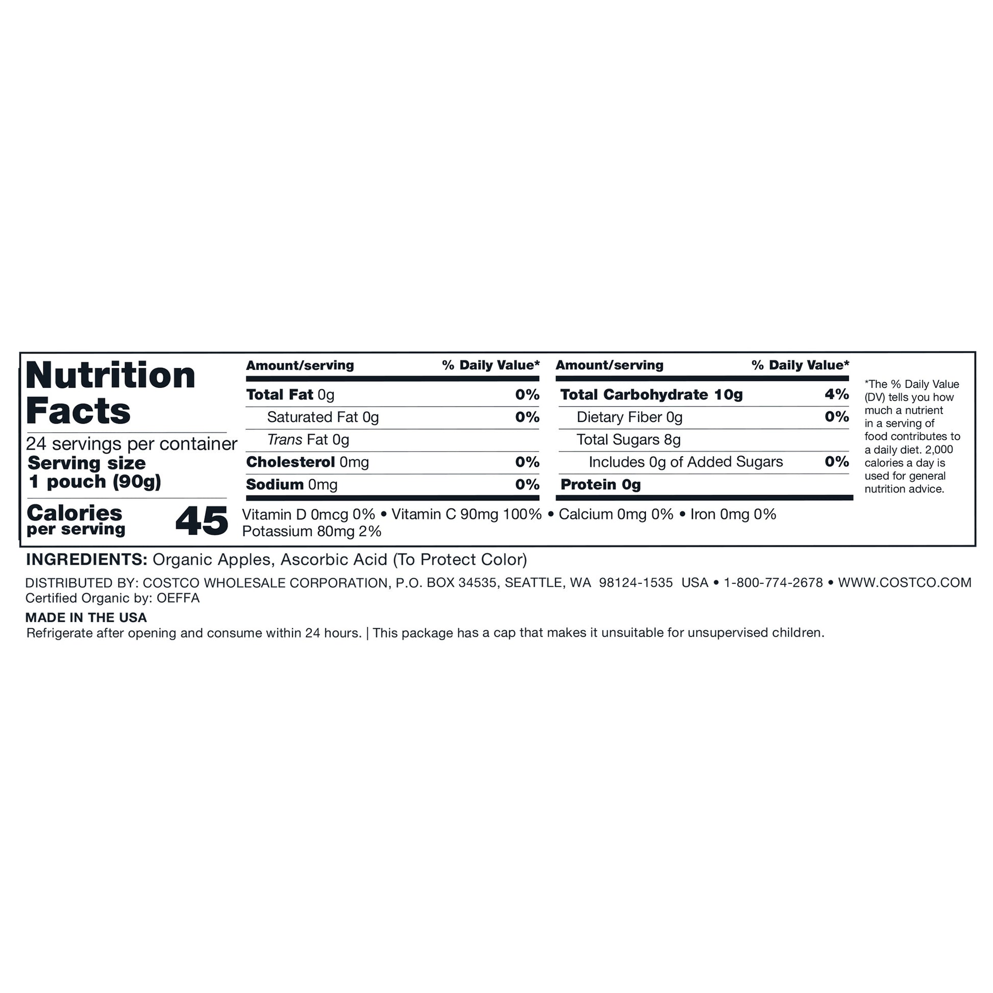 KIRKLAND SIGNATURE ORGANIC APPLESAUCE POUCHES 24/3.17 OZ