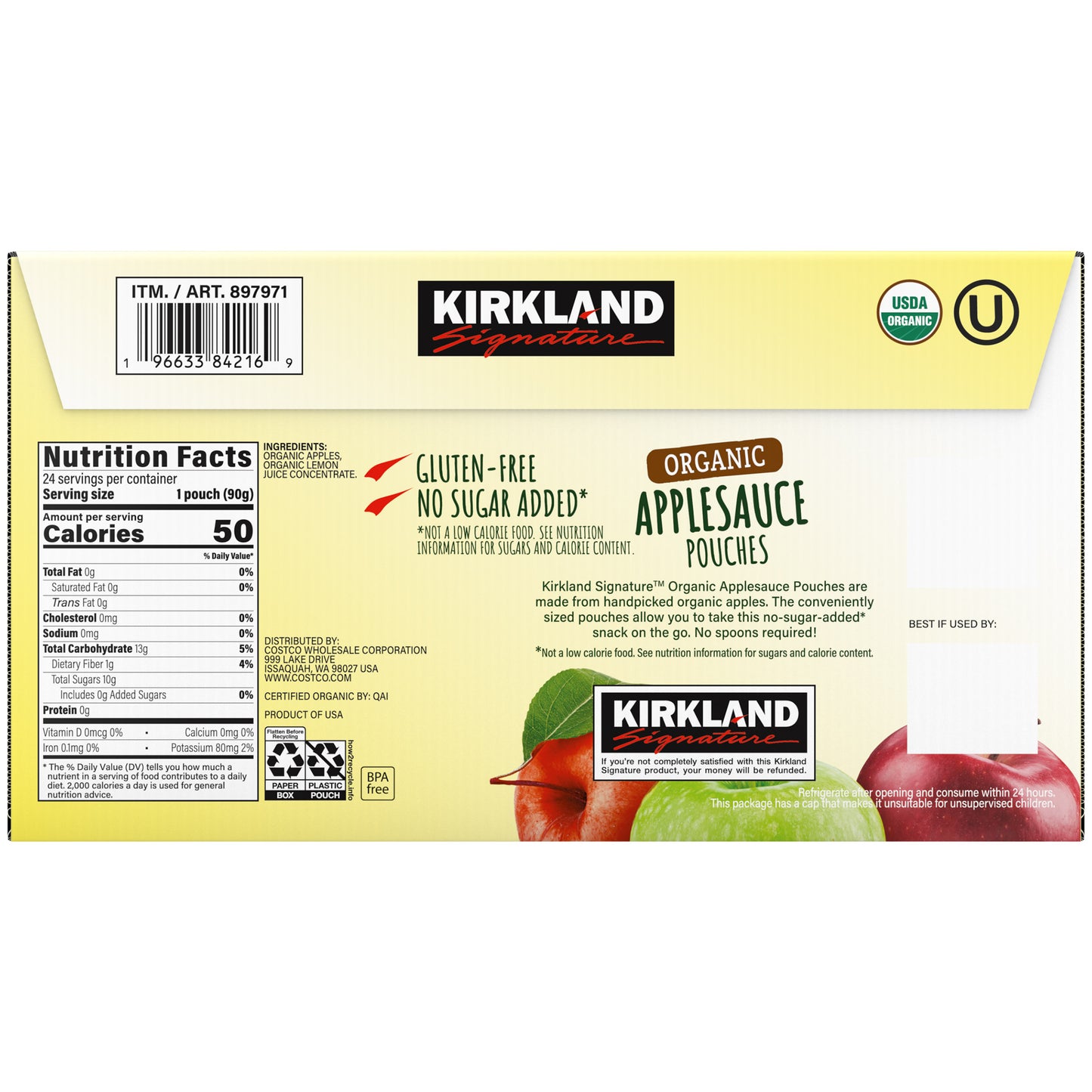 KIRKLAND SIGNATURE ORGANIC APPLESAUCE POUCHES 24/3.17 OZ