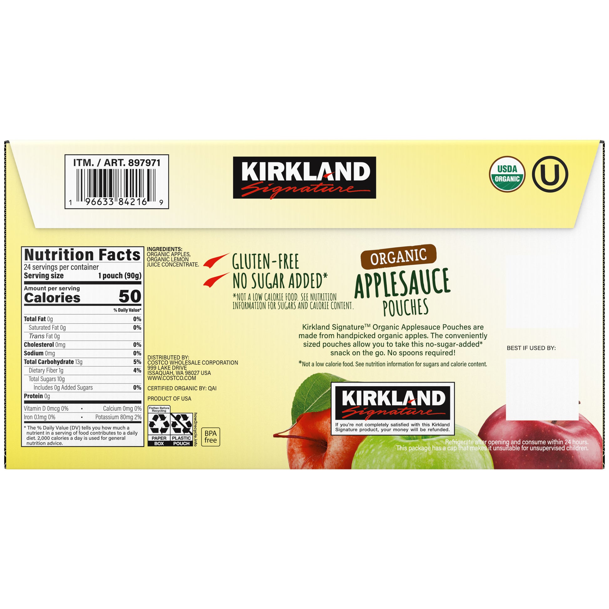 KIRKLAND SIGNATURE ORGANIC APPLESAUCE POUCHES 24/3.17 OZ