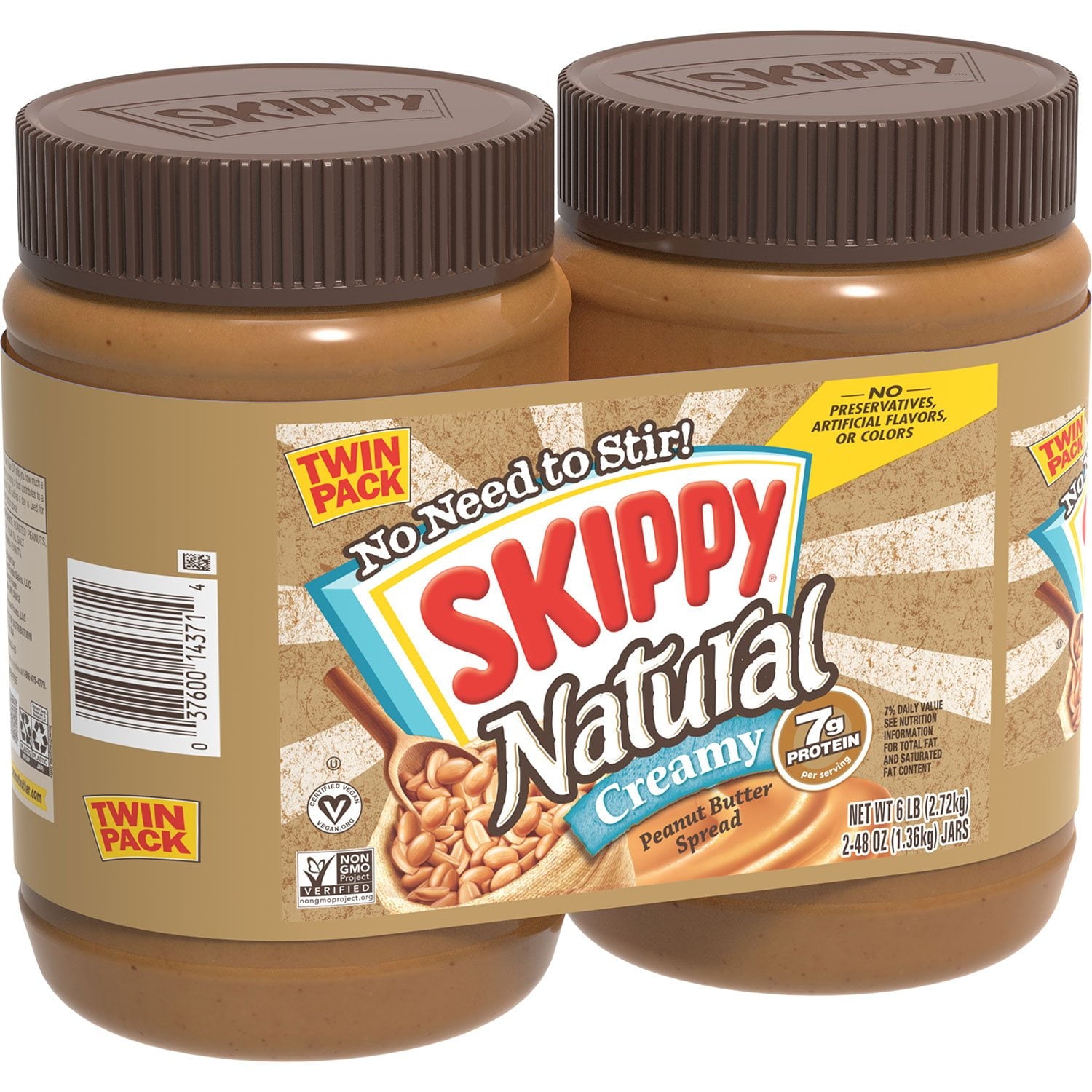 Skippy Natural Creamy Peanut Butter Spread, 48 oz., 2 pk.