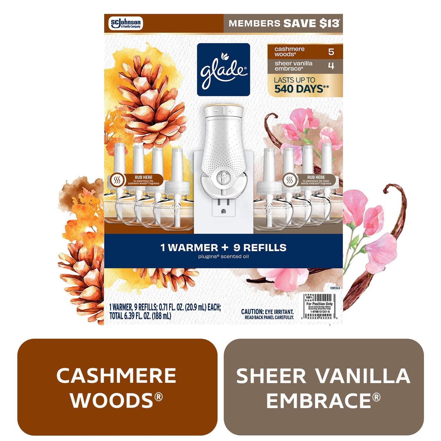 Glade PlugIns Scented Oil, Cashmere Woods with Sheer Vanilla Embrace, 1 Warmer + 9 Refills