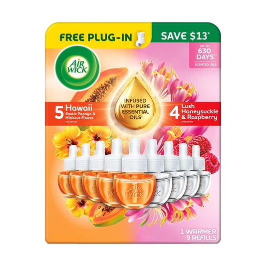 Air Wick Plug In Scented Oil Air Freshener, Hawaii Exotic Papaya & Hibiscus Flower + Lush Honeysuckle & Raspberry, 1 Free Warmer + 9 Refills